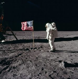 Buzz Aldrin salutes the first American flag erected on the Moon, July 21, 1969 (photo by Neil Armstrong)