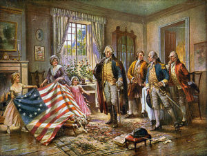 Painting depicting the story of Betsy Ross presenting the first American flag to General George Washington, by Edward Percy Moran, c. 1917