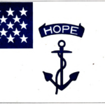 Colonial Flag of Rhode Island showing 13 stars in the upper left and an anchor with the word "hope"